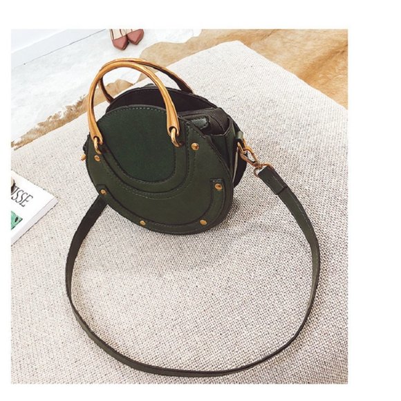 Crossbody Round Bag Small Leather Purse Crossbody Leather Bag - Dark Green - Picture 5 of 13